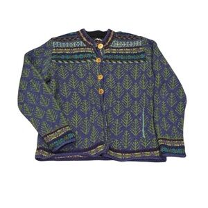 Lost Horizons Handmade Nepal Knit 100% Wool Cardigan sweater with Leaf Pattern